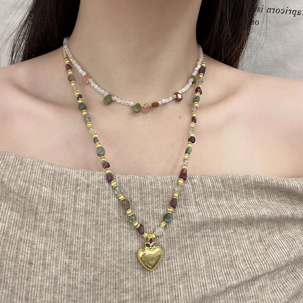 New Chinese Style Colorful Beaded Heart Pendant Stone Set Necklace Dopamine Collarbone Chain High-End Personality Fashion e2b