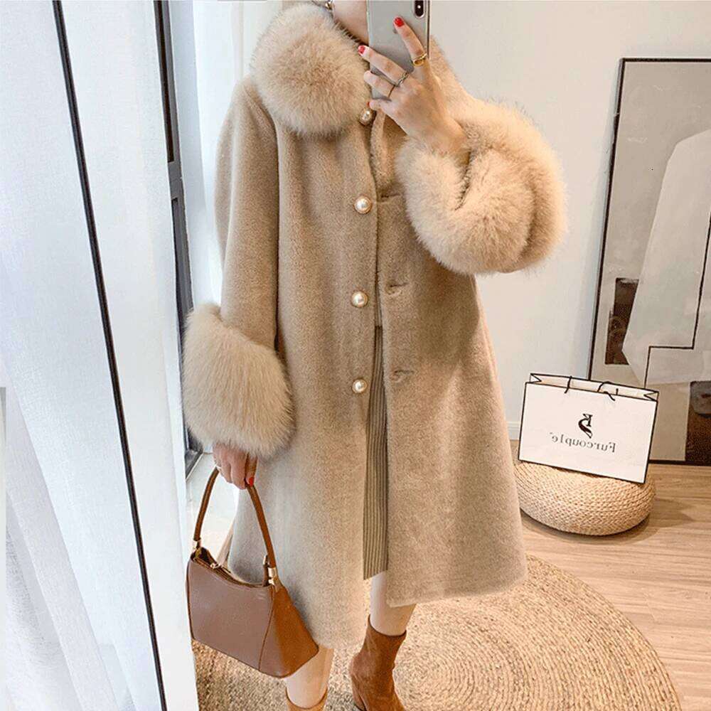 Designer Clothing FURYOUME Long Real Coat For Women Casual Jacket Sheep Shearing Wool Blends Fox Fur Collar Thick Warm Outerwear Winter New Fashion