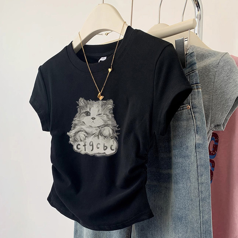 2025 pure cotton black shoulder short sleeved women's T-shirt summer new design sense Niche slim fit short top new designer T-shirt