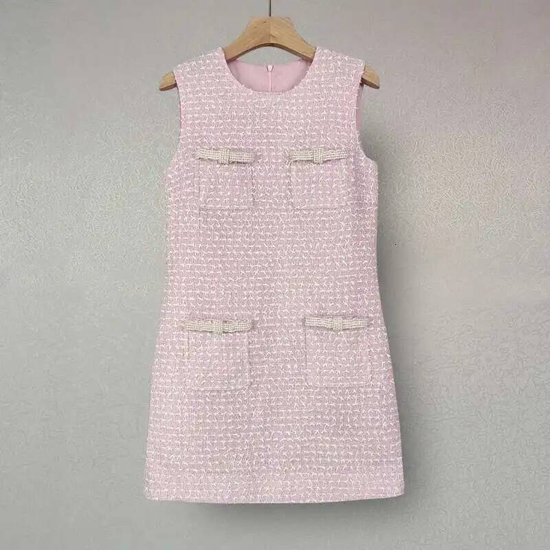 Short Tweed Dress Women's Pink Tank Pearl Bow Pocket Prom Party Vestido Mini Robe Tassels Sweet Evening Dresses dongdumaoyi