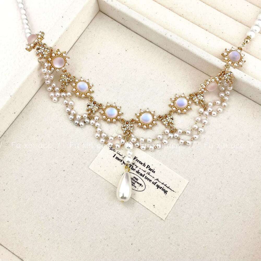 Sarah Phil Matte Pink Blue Iridescent Pearl Water Drop Necklace Light Fashion Versatile Choker Niche Design Jewelry 5a8