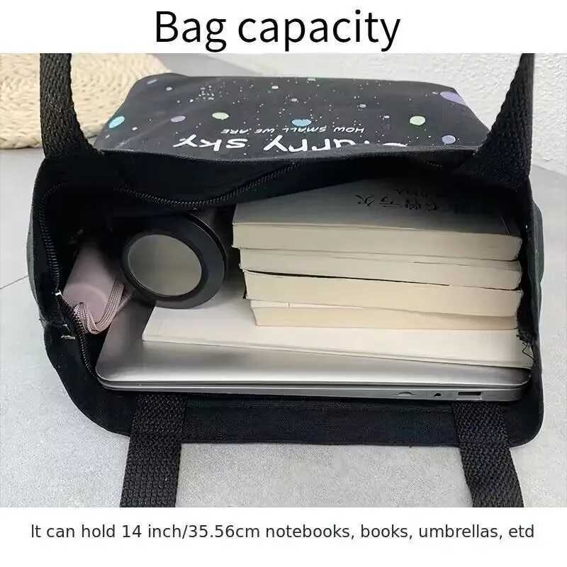Starry Sky Pattern Canvas Bag Fashion Zipper Tote Bag Trendy Shoulder Bag for School Shopping G250729