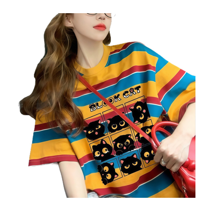 2025 American color blocked striped short sleeved women's T-shirt summer new fashion cartoon college style loose fit top new designer T-shirt