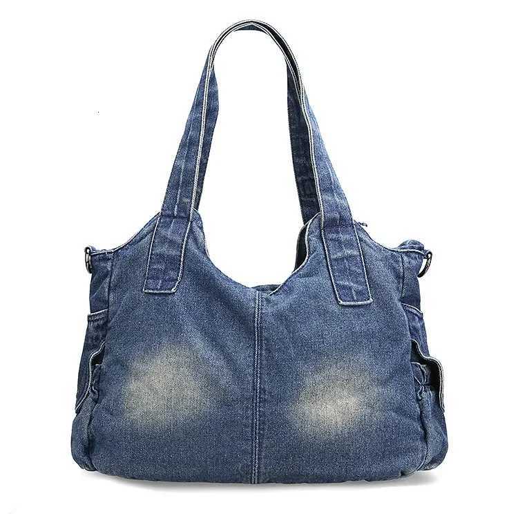 Large Capacity Handbag Casual Hobo Denim Bag Women Shoulder Bag Jeans Multiple Pockets Tote Bag Y250730