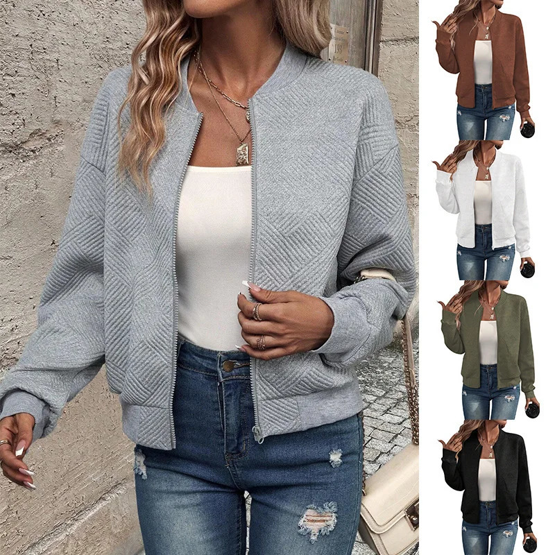 Womens autumn and winter solid color simple exquisite zipper jacket baseball collar casual 250730
