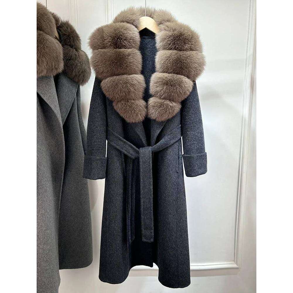 Designer Clothing Janveny Cashmere Double-Sided Woolen Women Removable Natural Fox Fur Jacket Autumn Winter Long Temperament Wool Coat Fashion