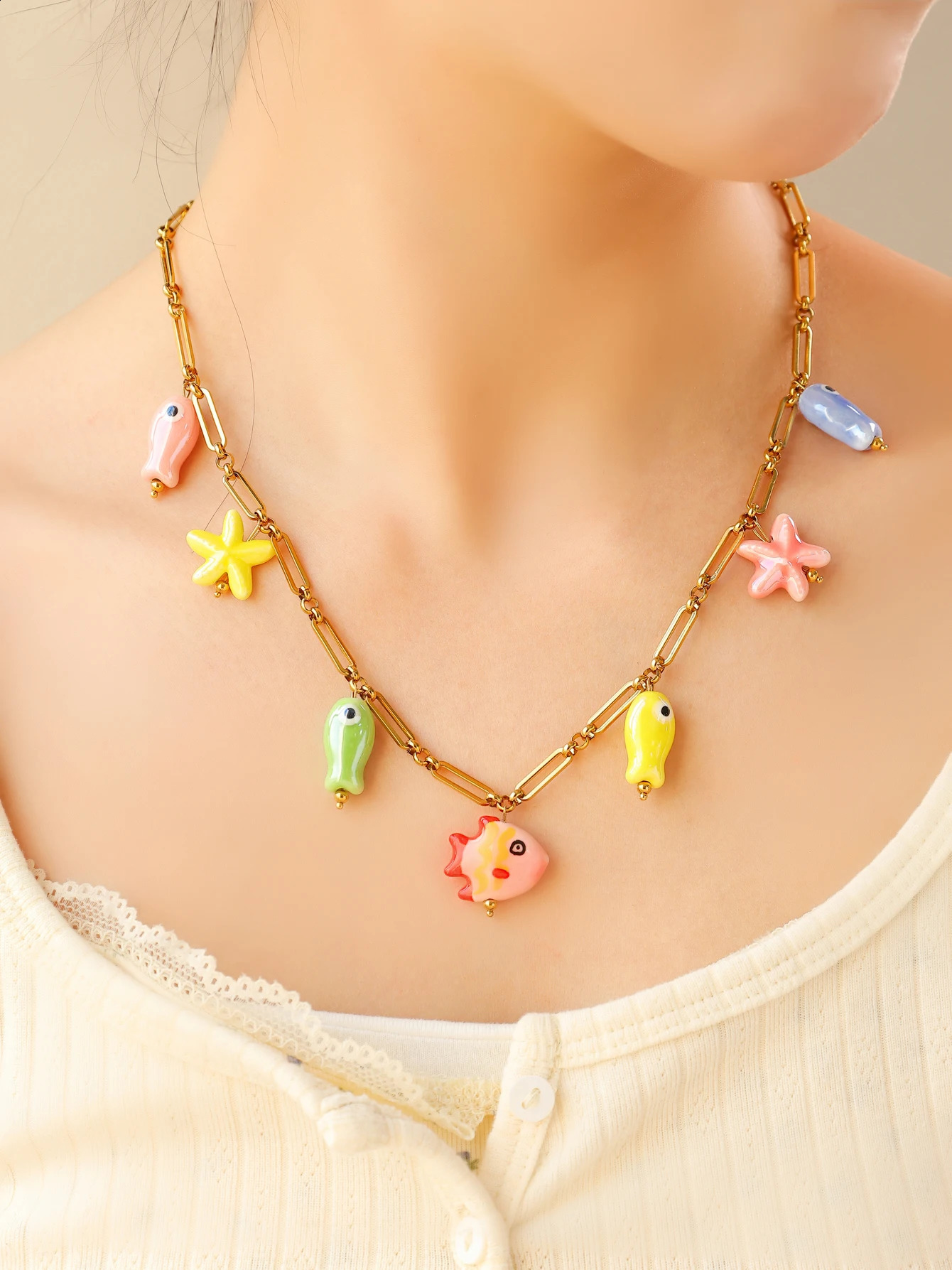 Fashion Stainless Steel Ceramic Starfish Fish Necklace for Women Girls Summer Beach Party Waterproof Cute Jewelry 250716