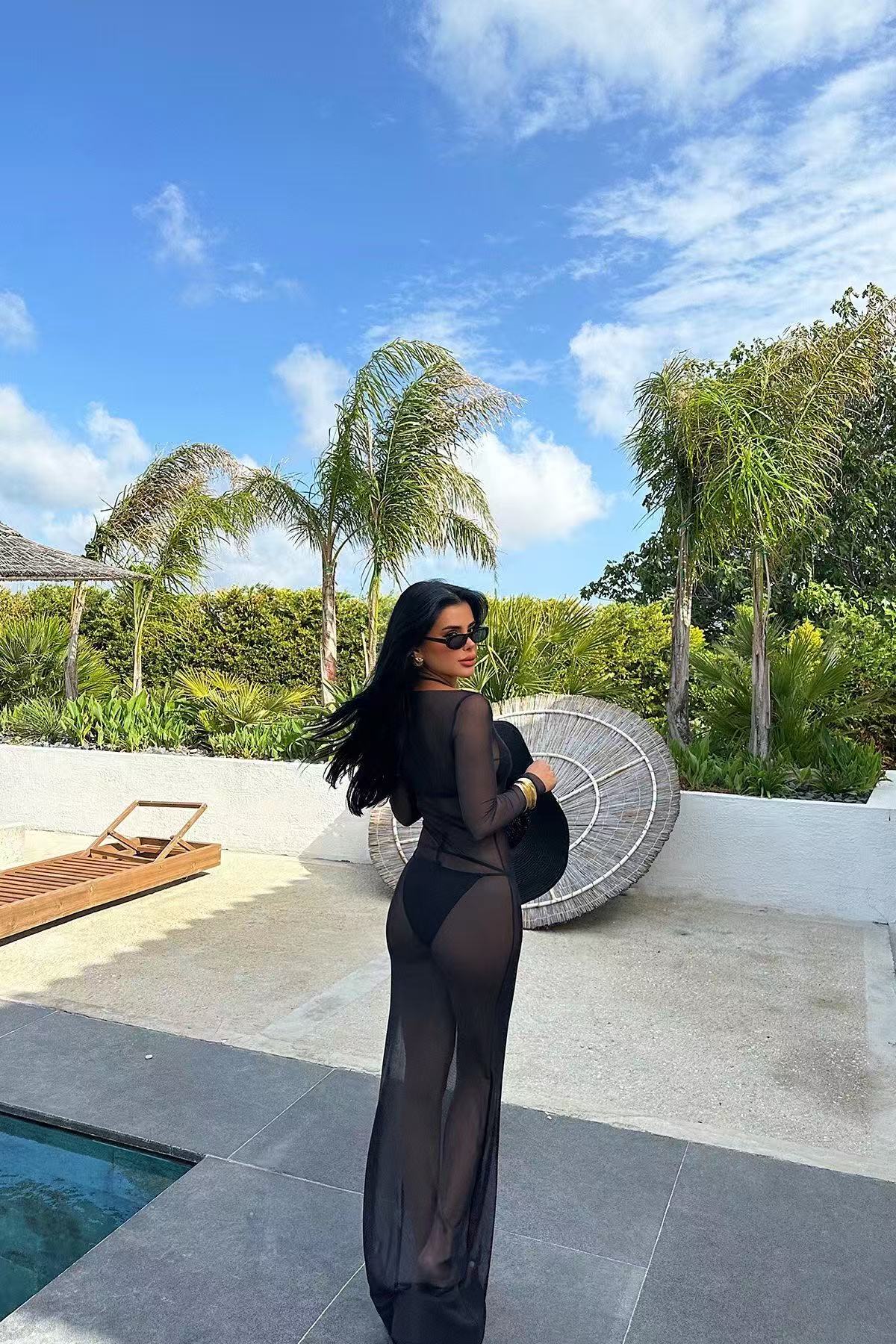 2025 Summer New European and American Style Sexy Women's Clothing, Slimming Mesh See-Through Off-the-Shoulder Long Sleeve Long Dress for Hot Girl