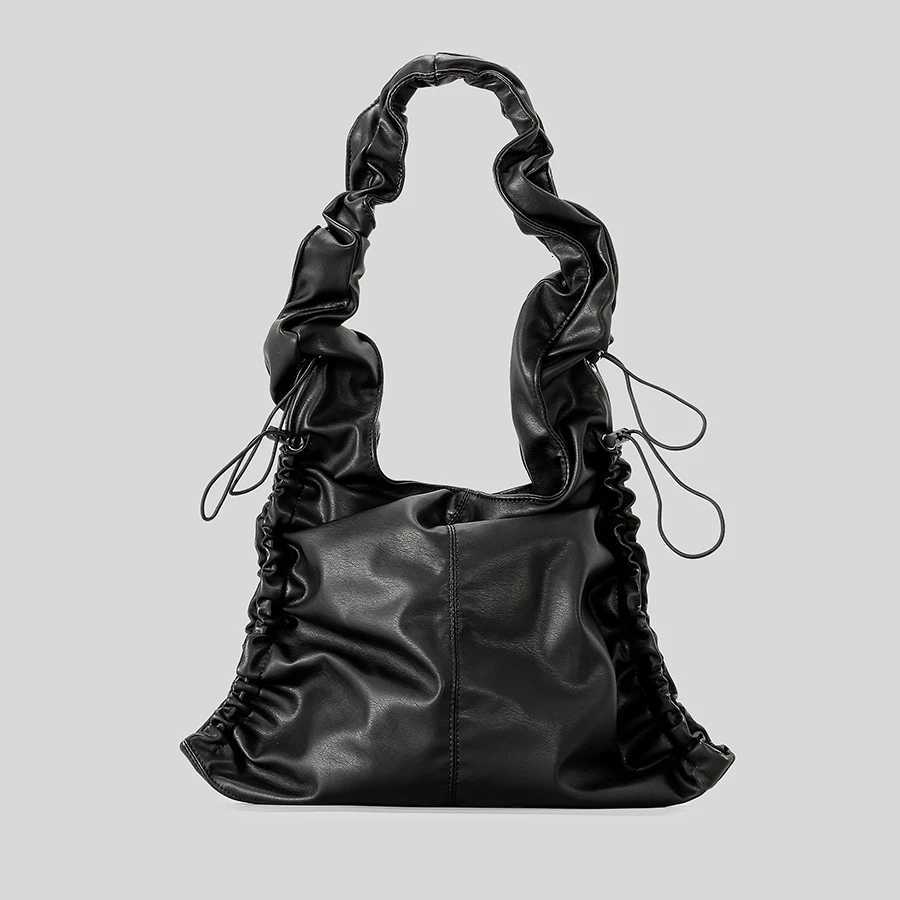 Vintage Ruched Drawsting Women Shoulder Bags Casual Hobos Lady Handbags Pu Leather Underarm Bag Y2K Tote Purses 2024 Y250730