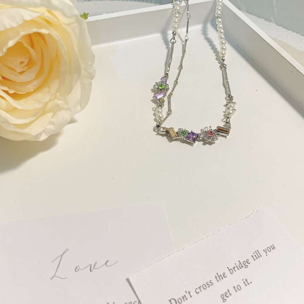 Dopamine Colorful Zircon Geometric Flower Necklace Niche Design Sweet High-End Hot Girl Accessory Collarbone Chain 4f6