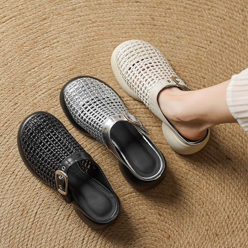 Genuine Leather Closed-Toe Half Slippers Woven Women's Casual Outdoor 2025 Summer New Fashion Sandals Platform Thick Sole Mesh Shoes