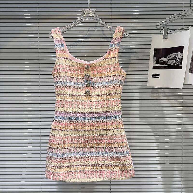 Female Elegant Contrast Color Sleeveless Dress Summer Fashion Dia Flower Buckle Woven Tweed Slimming Dresses ddmysept