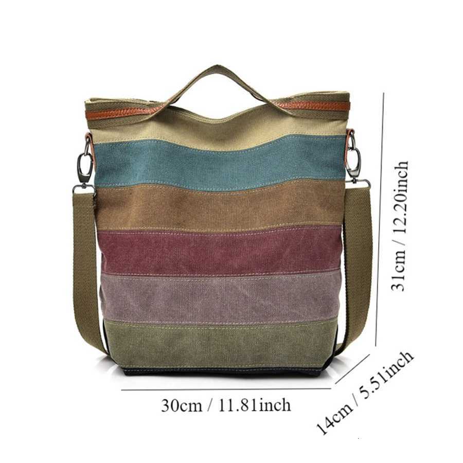 Women Casual Canvas Shoulder Bag Large Capacity Multi Pocket Crossbody Tote Simple Patchwork Rainbow Print Y250730