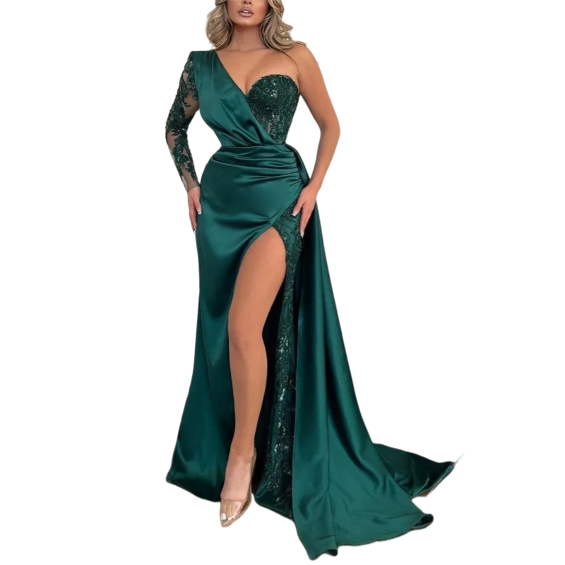 One Shoulder Mermaid Prom Dresses Side Slit Lace Satin Long Chic Evening Gown Corset Lace-Up Back Dark Green Pageant Party Dress For Women