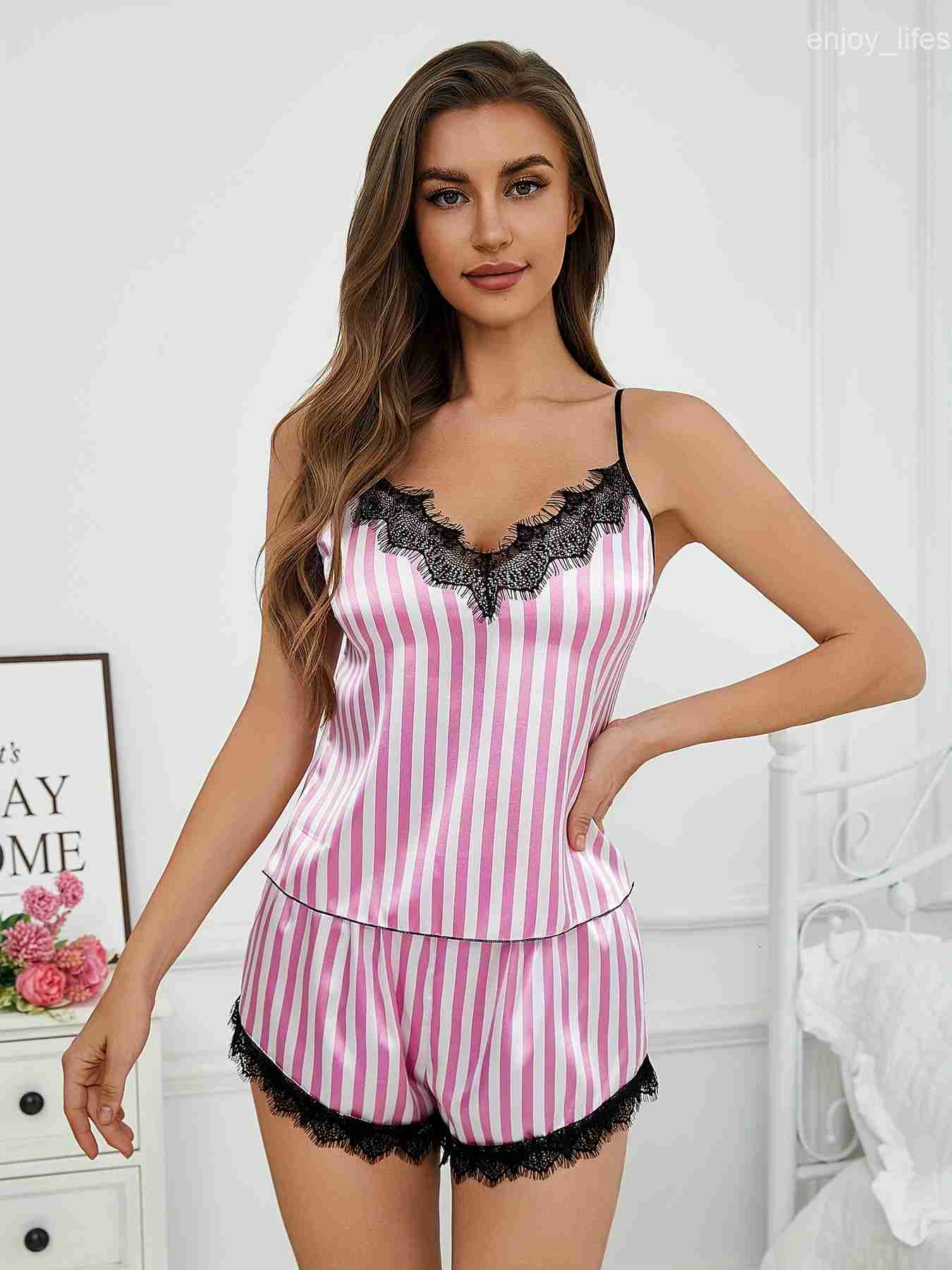 Two Piece Womens V-Neck Sexy Lace Suspender Pajama Shorts Set Casual Womens Sleeveless Sexy Pajama Set