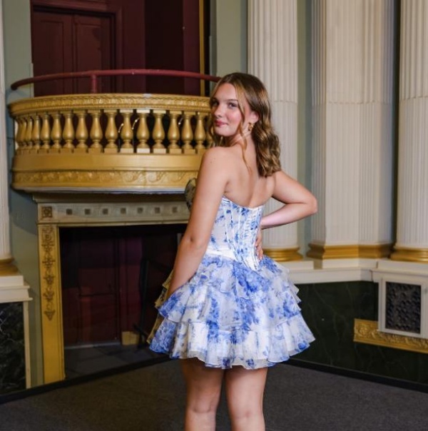 Women Strapless Corset Short Floral Dresses Blue and White Porcelain Print Tiered Ruffles Birthday Party Gowns Graduation Cocktail Runway Dress With l