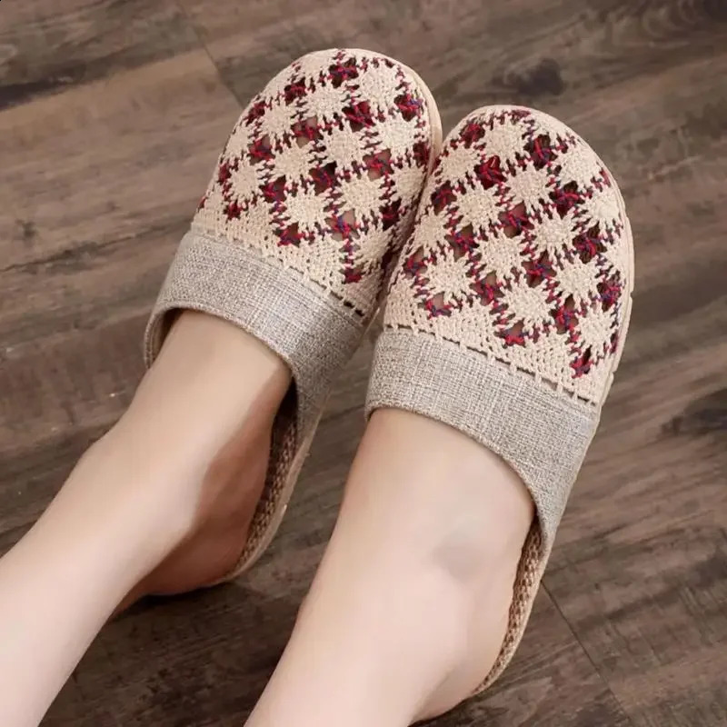 Women Indoor Linen Slippers 2025 Spring Summer Shoes Anti-slip Light Weight Breathable Lace Couples Home Floor Slides 250725
