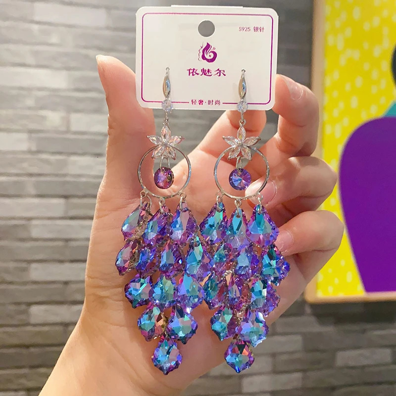 Fashion Shiny Purple Crystal Waterdrop Dangle Earrings for Women Trend Big Earring Wedding Banquet Party Jewelry Gift 250730