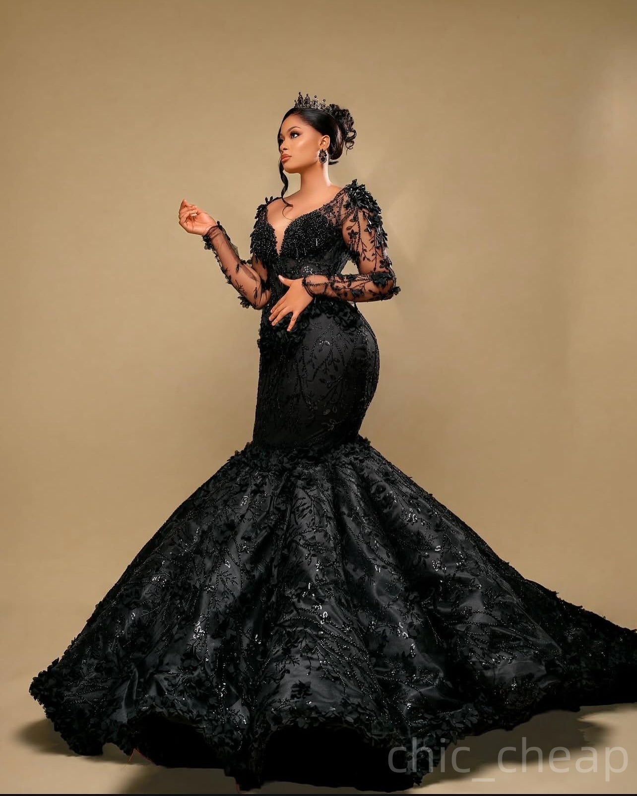 Black Mermaid Prom Dresses 2025 3D Floral Lace Pearls Full Sleeves Evening Formal Party Second Birthday Engagement Gowns Plus Size Dress For Special O