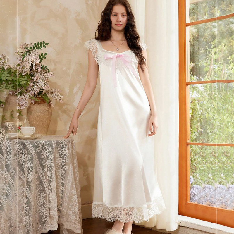 2025 New Women's Spring/Summer Silk Satin Lace Trim Bow Sleeveless Dress Nightgown Loungewear