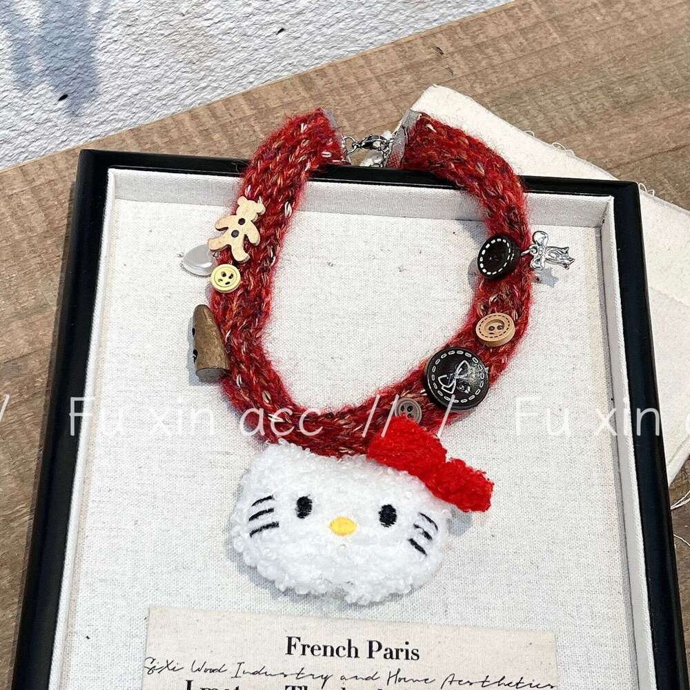 Cute Cartoon Meowing Cat Collar for Girls Sweet Niche Simple Woven Plush Woolen Doll Clavicle Chain e2a