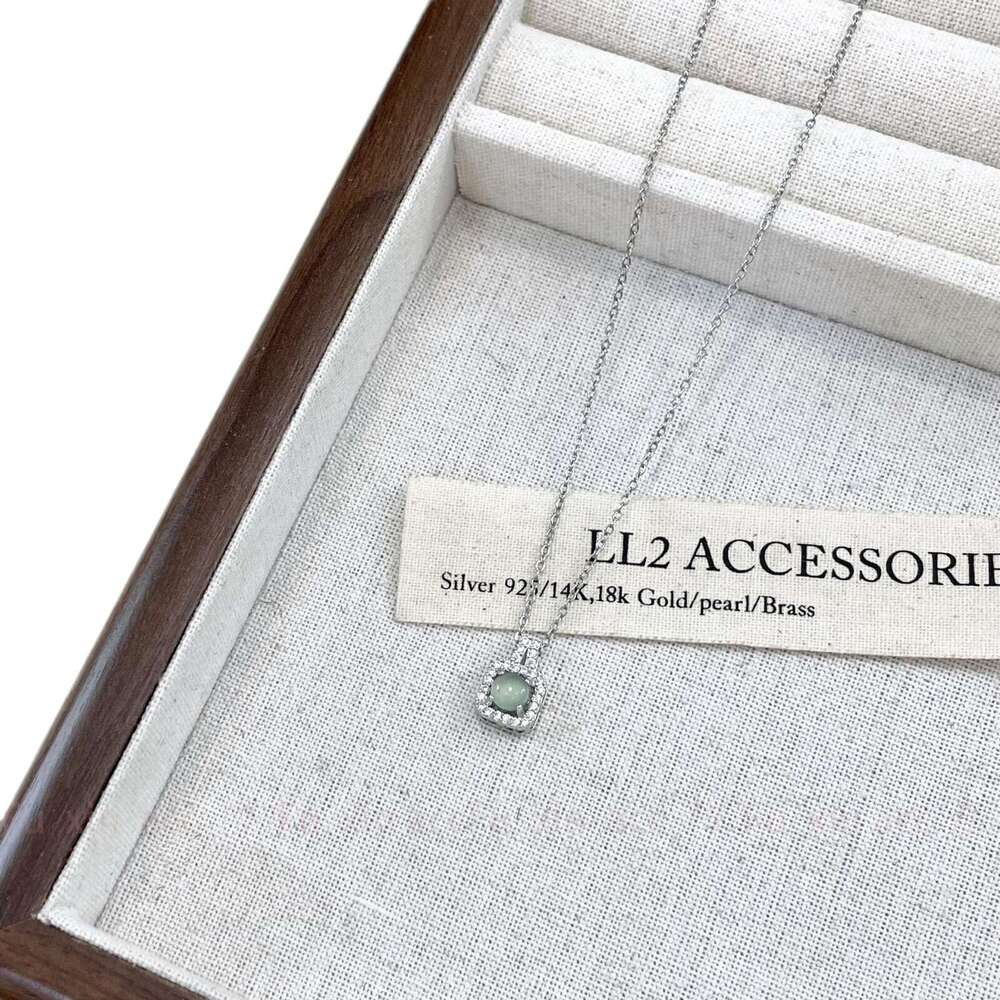 Cool Feeling Natural Hazardous Material Blue Water Jade Square Pendant Necklace Light Simple Clavicle Chain for Women 148