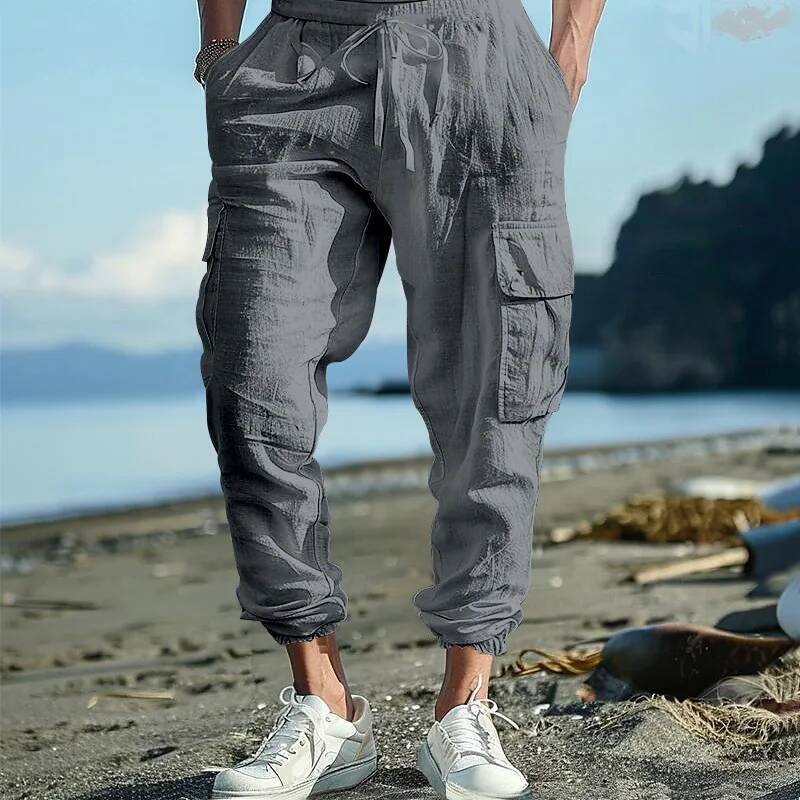 cross-border cotton and linen tied feet multi-pocket tether solid color loose drawstring trousers