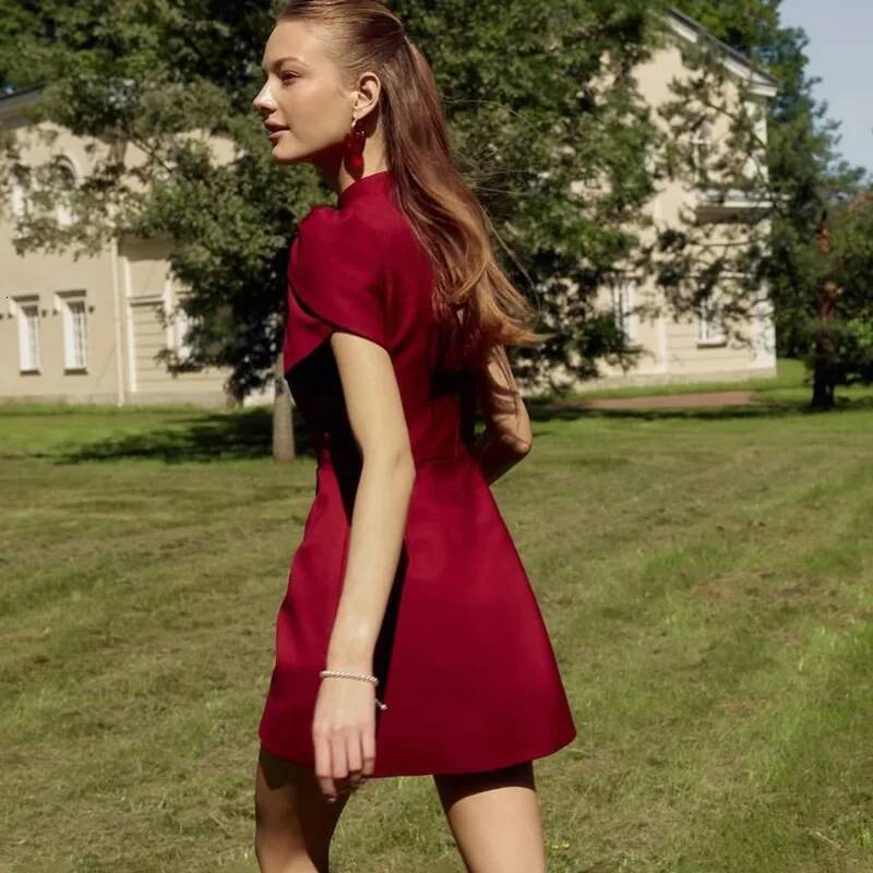 Talenza Evening Summer Pink Stand Neck High Waist Bubble Sleeve A-line Elegant Patchwork Fashion Women Dress dongdumaoyi