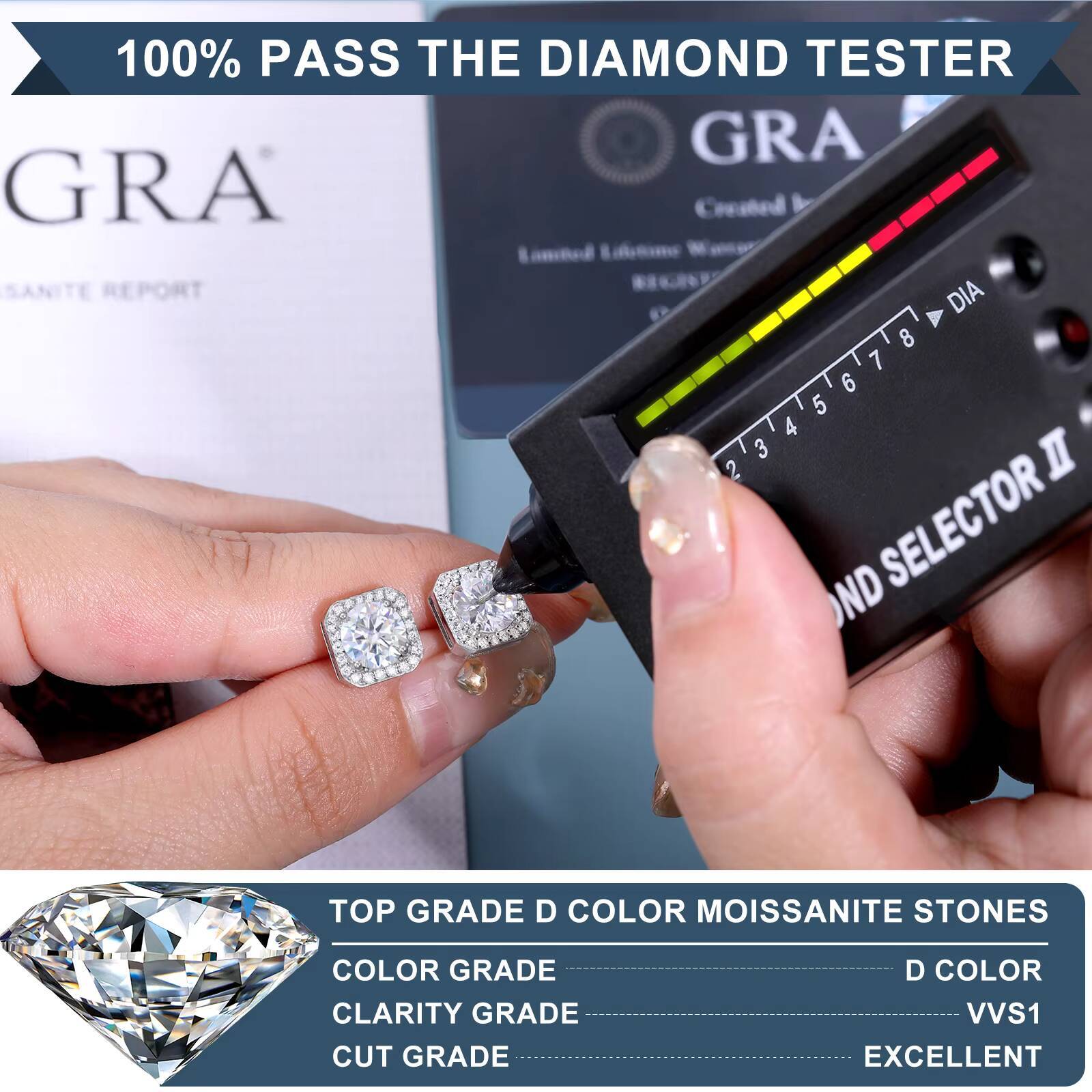 Jewelry 925 Sterling Silver VVS Moissanite Diamond Classic Square Halo Stud Earrings for Men Women