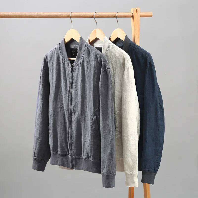 Designer Clothing 2025 100% Linen Jackets For Men Japanese Retro Baseball Collar Sport Casual Mens Jacket Solid Thin Zip Up Loose Coat Simple Outerwea