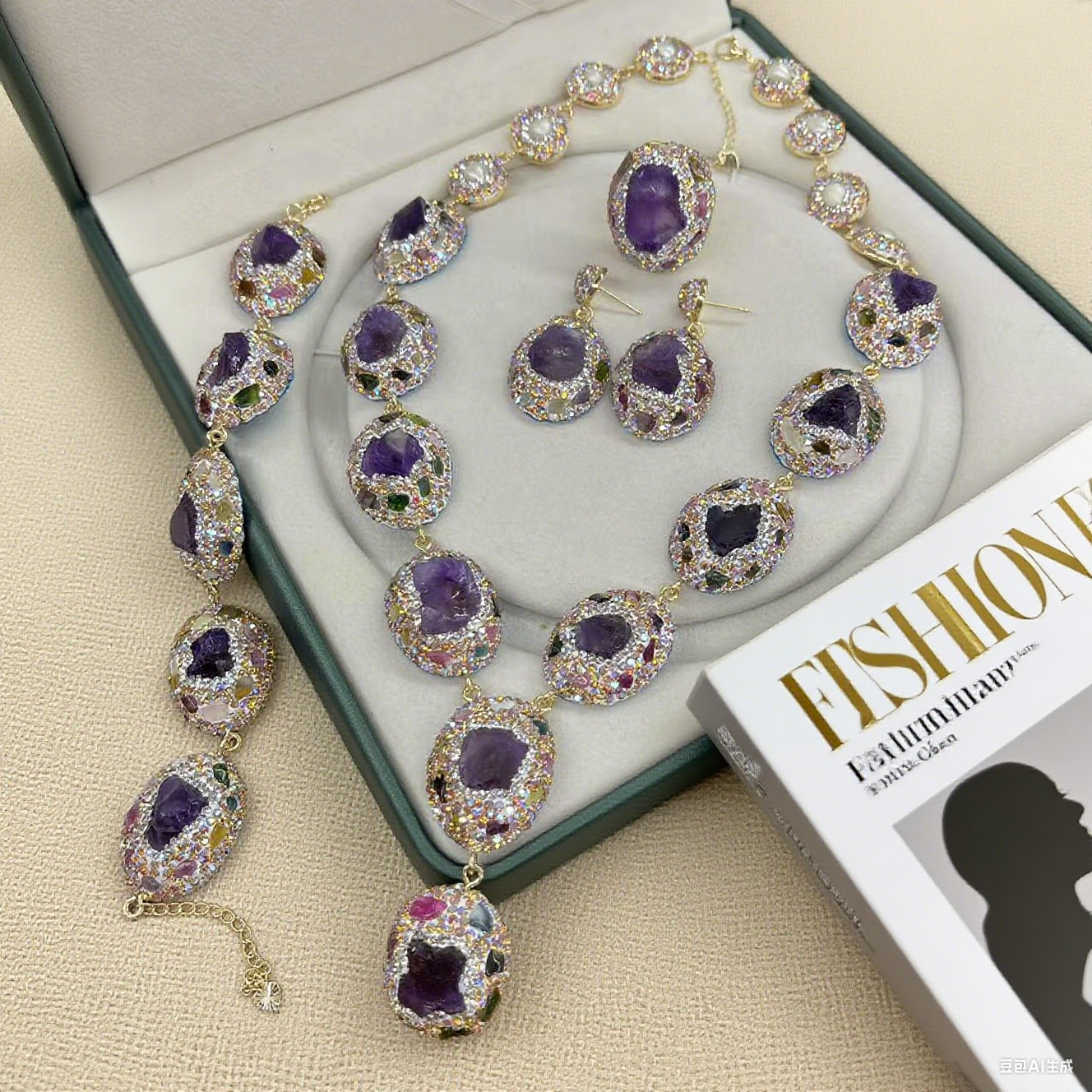 Luxury 3 in 1 Rough Natural Amethyst Crystal Set for Women Personalized Raw Stone Necklace Earrings Rings Quartz Jewelry Party Gifts