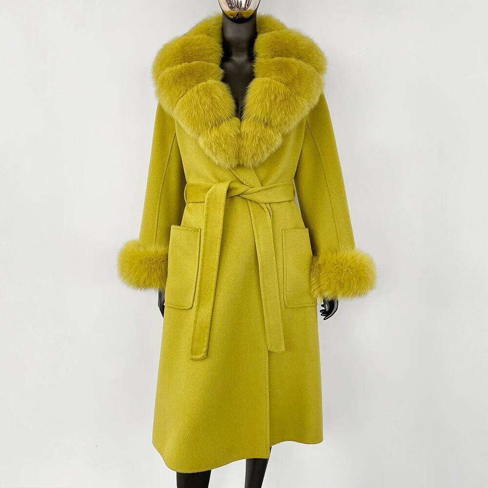 Designer Clothing GENHUA 2025 Fashion Casual Natural Fox Collar Belt Warm Wool Women Real Fur Coat Autumn Winter Woolen Jacket Female Fashion