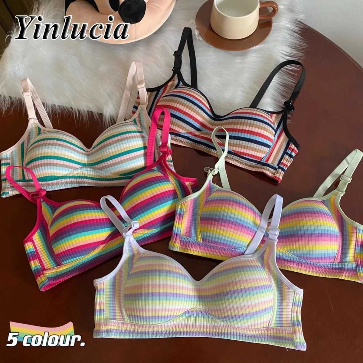 Vintage Lingerie Rainbow Stripes Bra Gathered Crop Top Underwear Push Up Bras New Summer Daily Soft Elastic Underwear Women Z250730