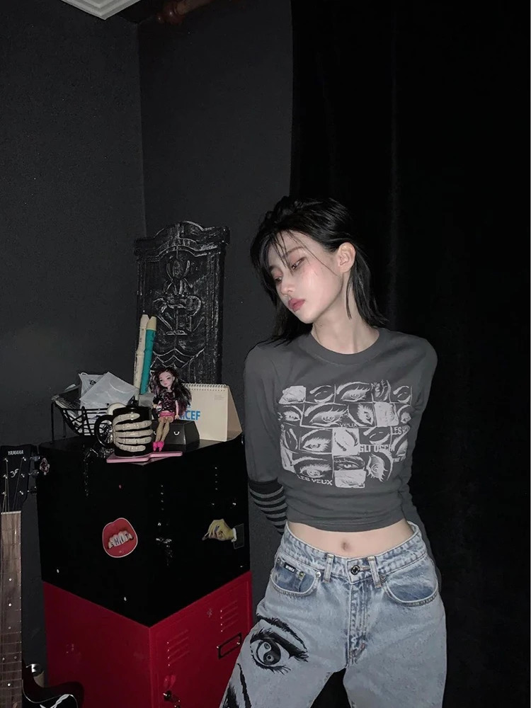 Women retro Eyes Print Tops Fairy Grunge Graphic Spring T Shirts Vintage Indie Aesthetic Clothes Cyber Y2k Slim Long Sleeve Top 250730