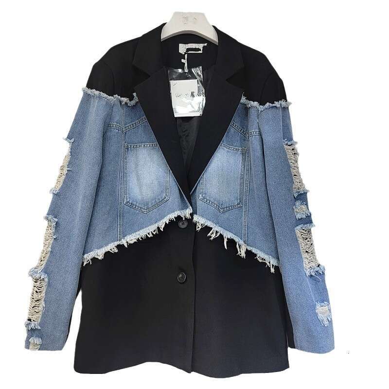 Designer Clothing 2025 Women Denim Jeans Coats Suit Holes Loose Long Sleeves Y2k Streetwear Coat Color Blocking Jacket 2025 Spring Jackets Vintage