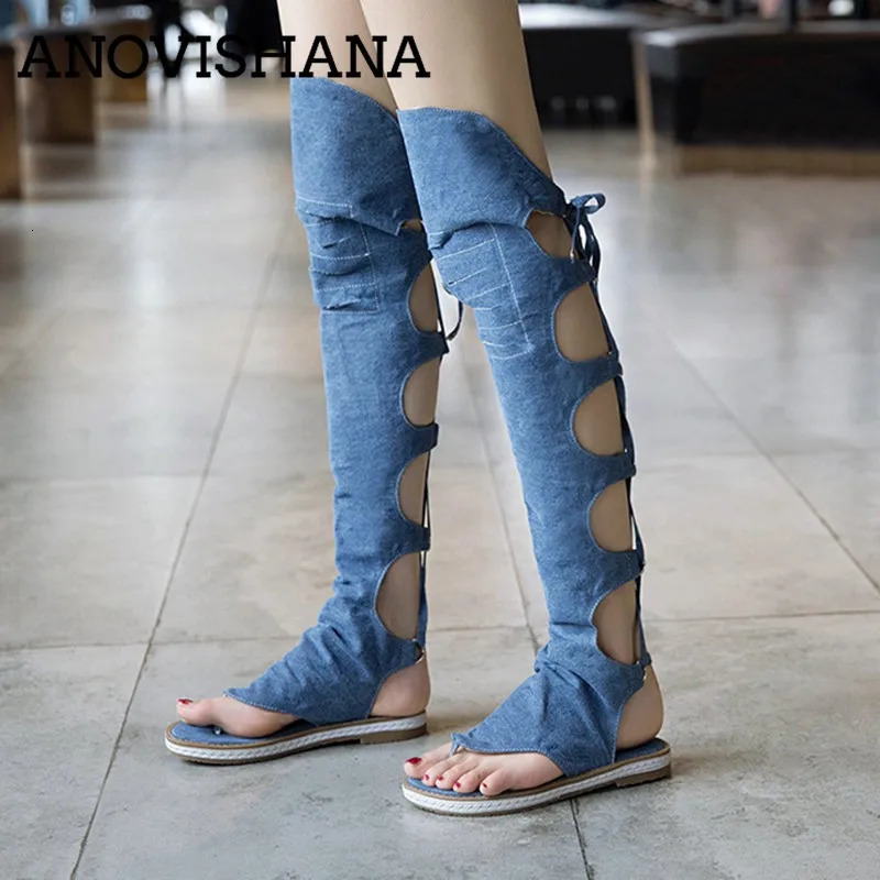 ANOVISHANA Women Gladiator shoes Denim jeans summer boots Low heels Over the knee high boots lady blue shoes Clip toe size 43 250729