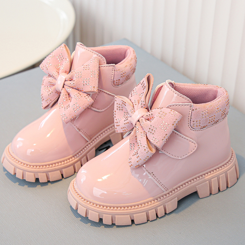 Sweet bow girls short boots glossy princess style children's boots cute baby leather boots