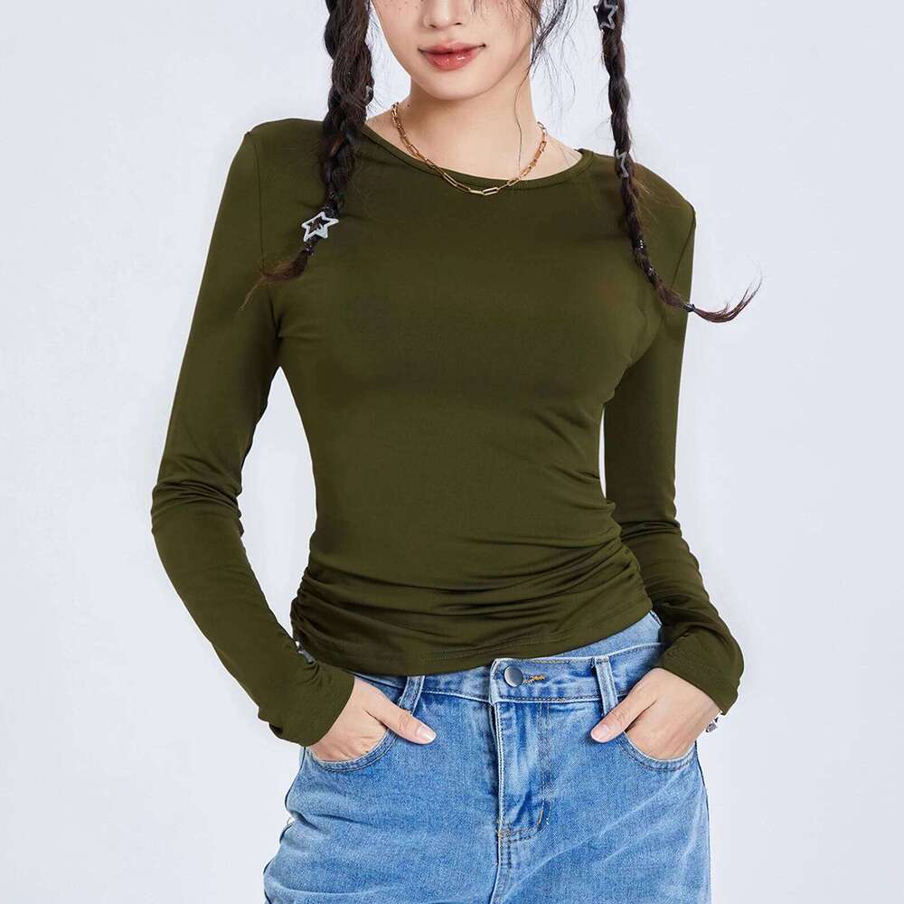 Women Long Sleeve Slim T-shirts Spring Summer Cropped Solid Color Casual Pullover Tops Female Show Navel Party Blouse