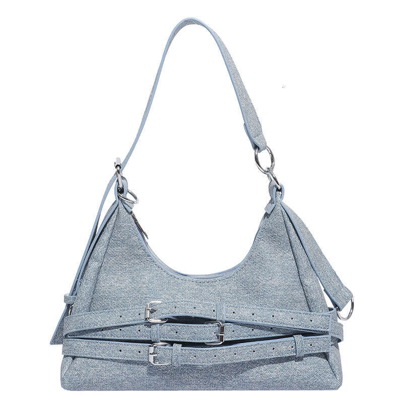Light blue denim single shoulder crossbody bag with fashionable buckle strap design, versatile handbag, casual women's bag for daily outings