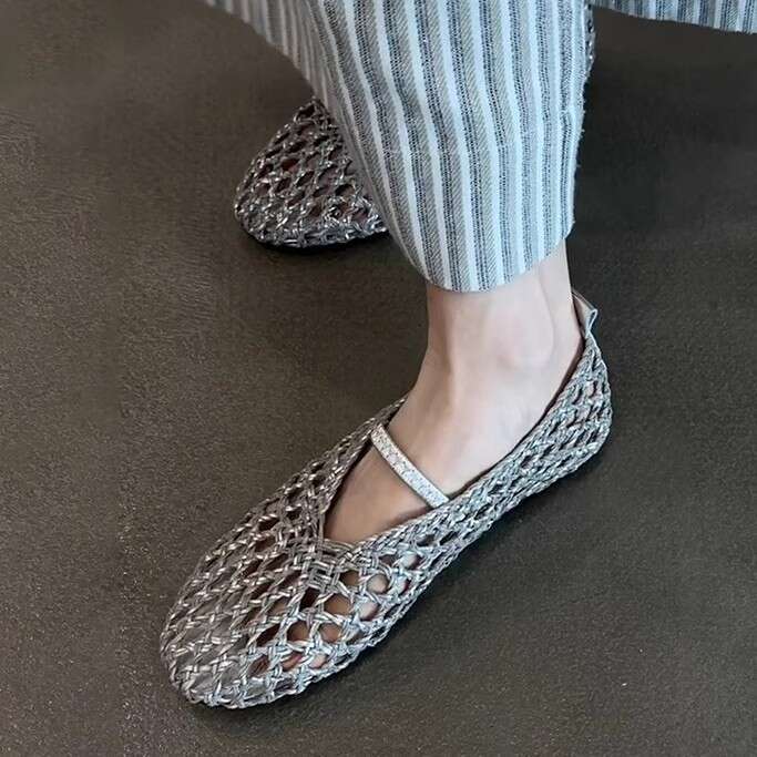 French Style Silver Woven Hollow Breathable Niche Flat Sandals Summer Shallow Mouth One-Strap Round Toe Single Shoes for Women