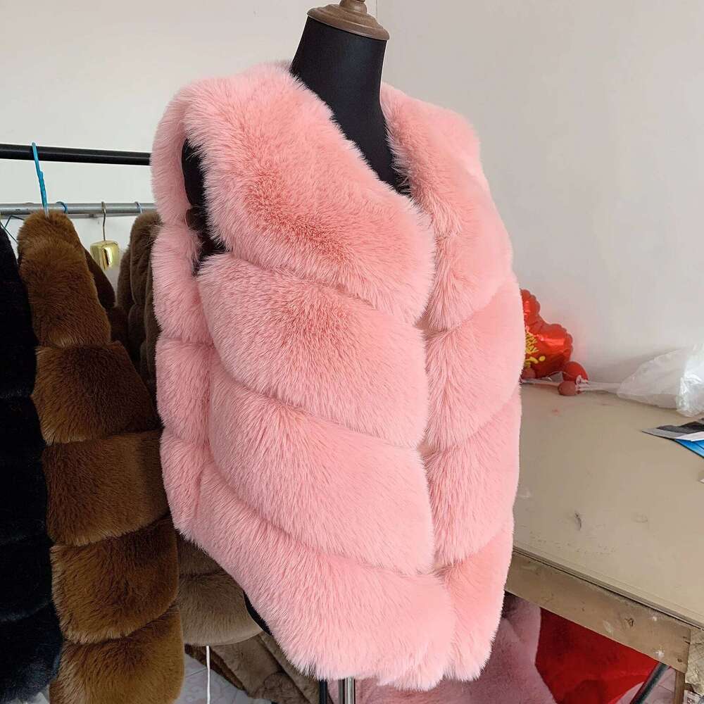 LHXDW Winter women's cold blouse with fur faux fur coat Vest fluffy jacket thick Synthetic fur coat for women fur vest