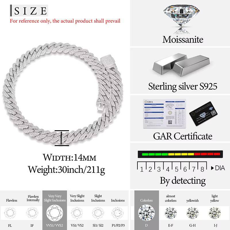 Rock Style Hip Hop Jewelry Mens 14mm 925 Sterling Silver 2 Rows VVS Moissanite Diamond Iced Out Cuban Link Chain Necklace