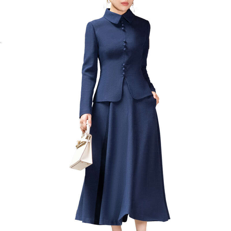 Blue Tweed Chanel Style Suit Dress Spring Autumn 2024 New Fashion Elegant Slim Fit Long Sleeve Two-Piece Set