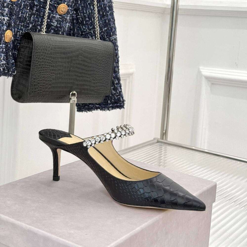Women Size34-42 Genuine Leather Crystals Mules High Heels Slippers Pointed Toes Slides Designer Shoes Zapatillas De Mujer 371