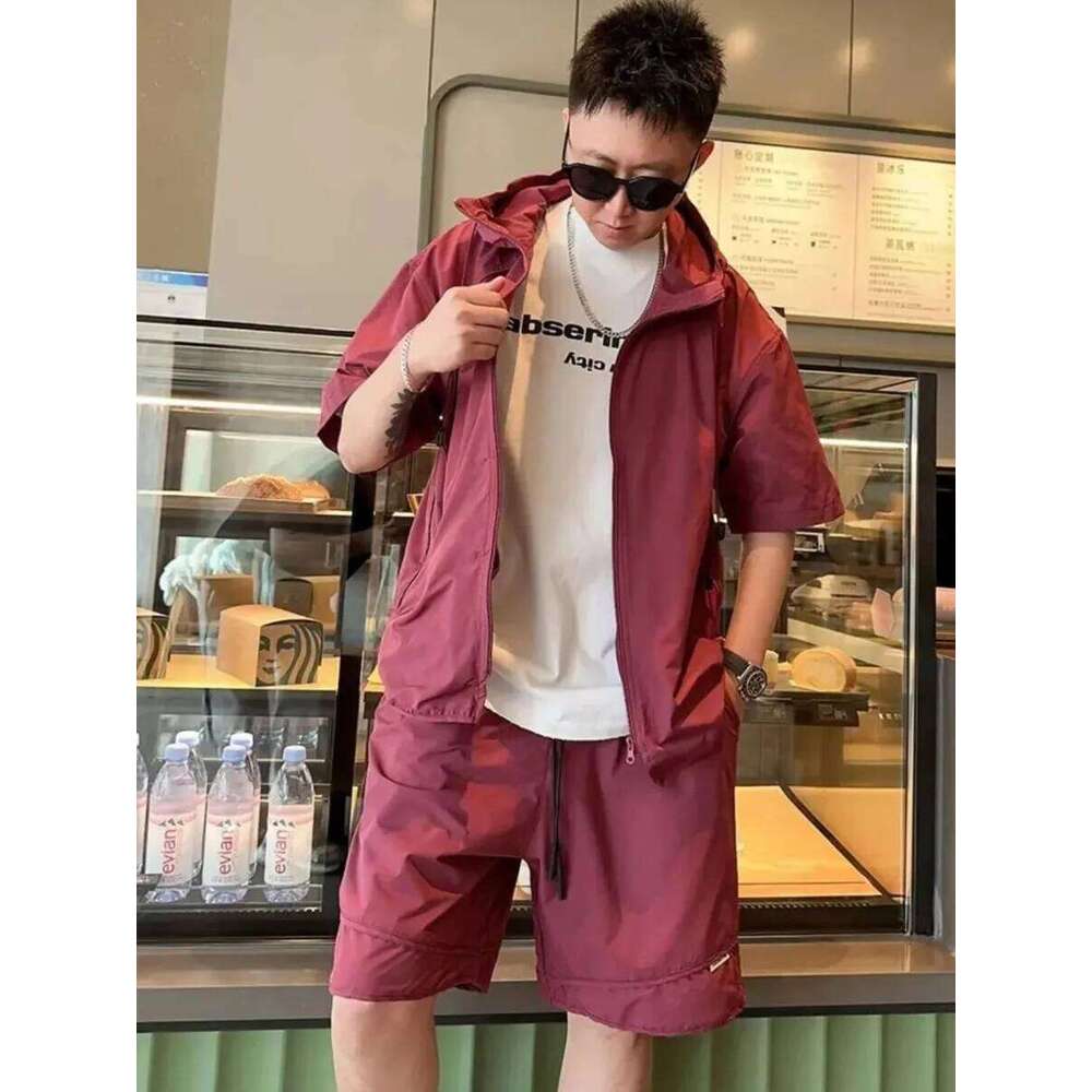 Summer Men Tracksuit Chic Hooded Quick Drying Short Sleeve Shorts Casual Zip Shirt Couple Youth Korean Loose Two Piece Set