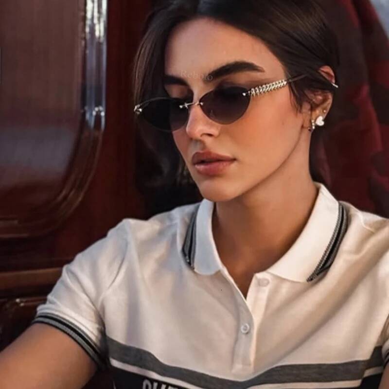 Cat Eye Rivet Rimless Sunglasses Women 2025 Fashion Brand Oval Narrow Sun Glasses Shades Trendy Elegant Unique Eyewear