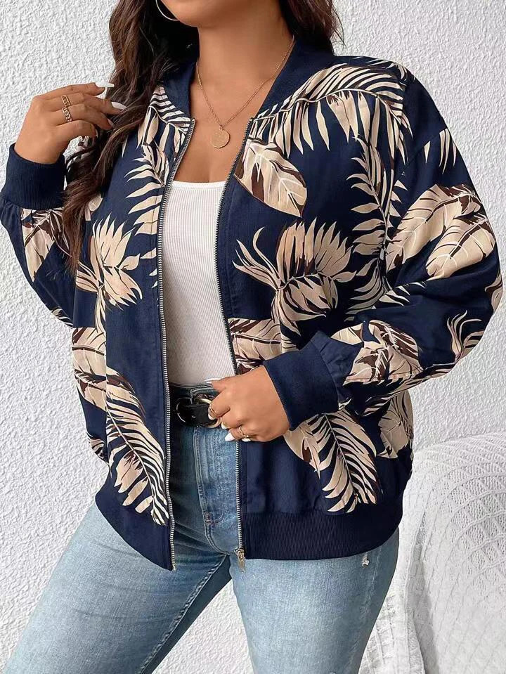 Plus Size Womens Fashion Temperament Printed Zip Jacket Large Baseball Collar Women Clothing 250731
