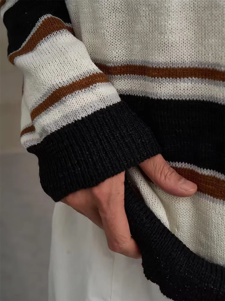 Vintage Contrast Color Knitted Polo Shirt Mens Autumn Outdoor Casual Long Sleeve Jumper Tops Men Fashionable Striped Shirts 250731