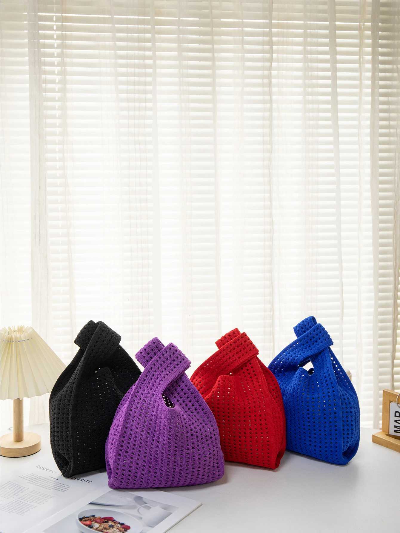 Handmade Knit Handbag Women Mini Knot Wrist-bag Female Casual Color Wide Stripe Plaid Tote Bag Student Reusable Shopping Bag G250729