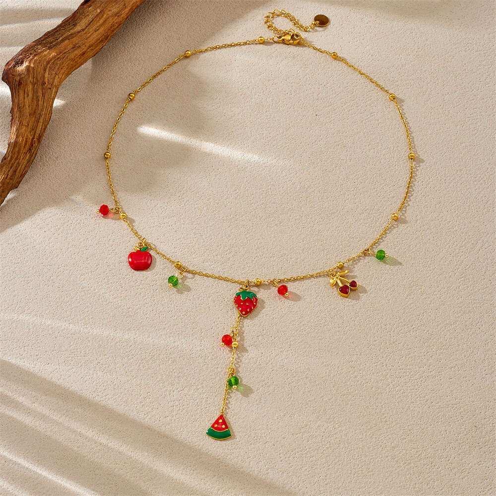Fashion Niche Design Pastoral Style Fruit Series Oil Drop Imitation Strawberry Watermelon Pendant Stainless Steel Necklace